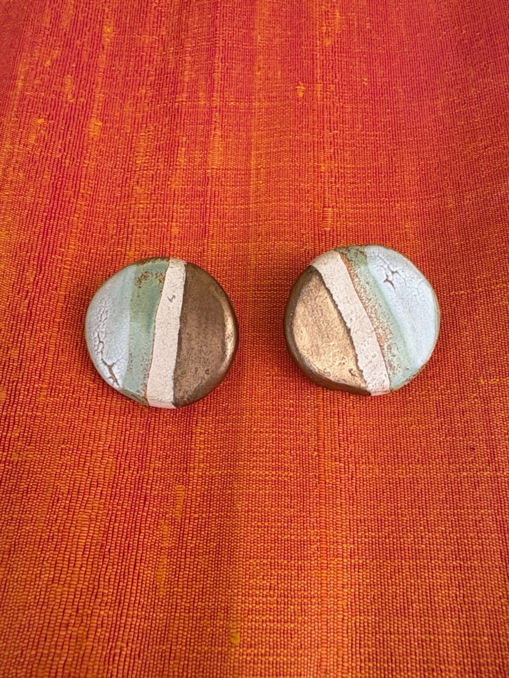 Round Striped Ceramic Earrings in Mint, White & Gold